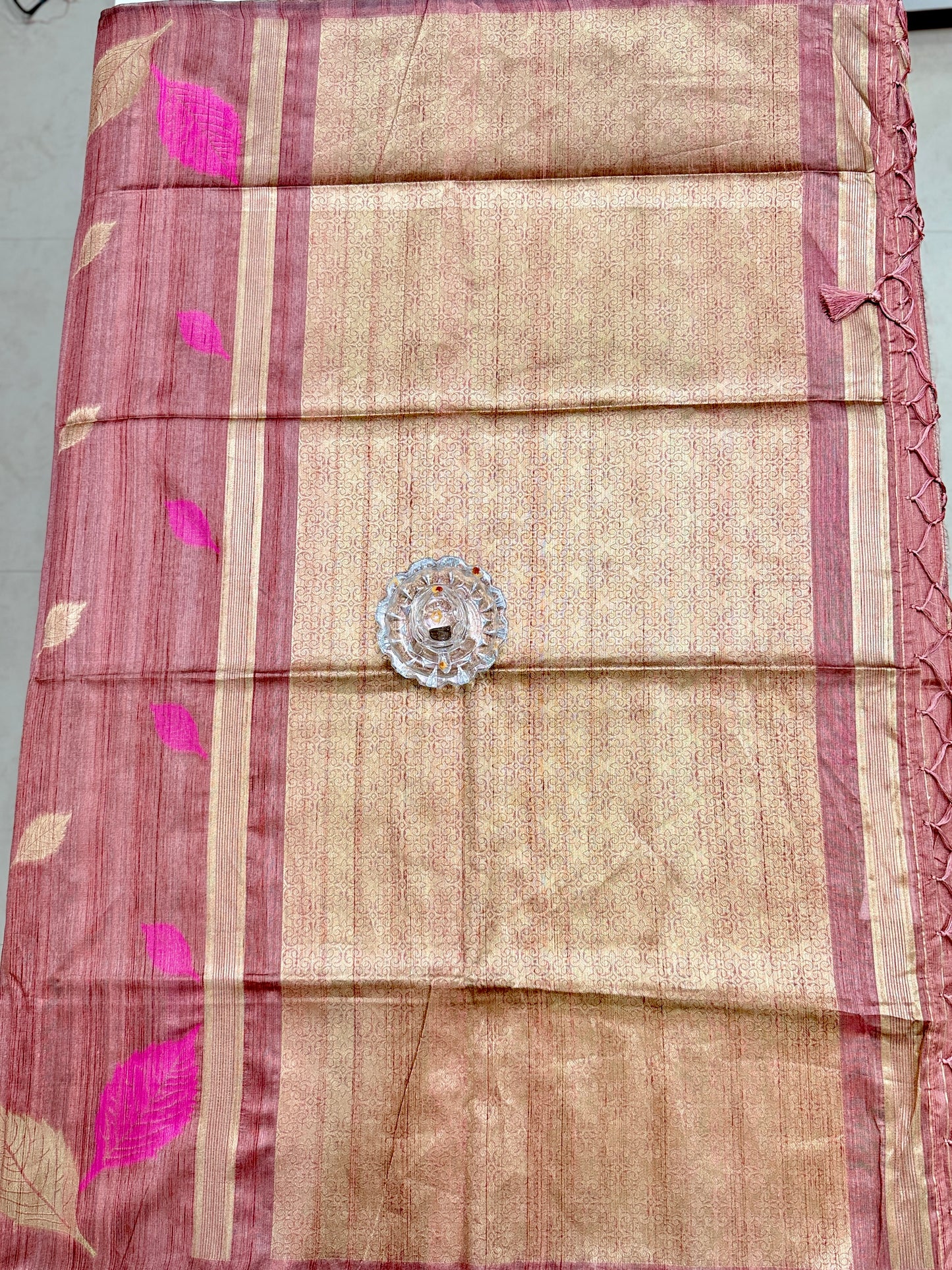 Multicolour Leaf Semi Raw Silk Saree with Temple Border and Blouse – Handwoven Style Festive Wear