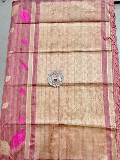 Multicolour Leaf Semi Raw Silk Saree with Temple Border and Blouse – Handwoven Style Festive Wear