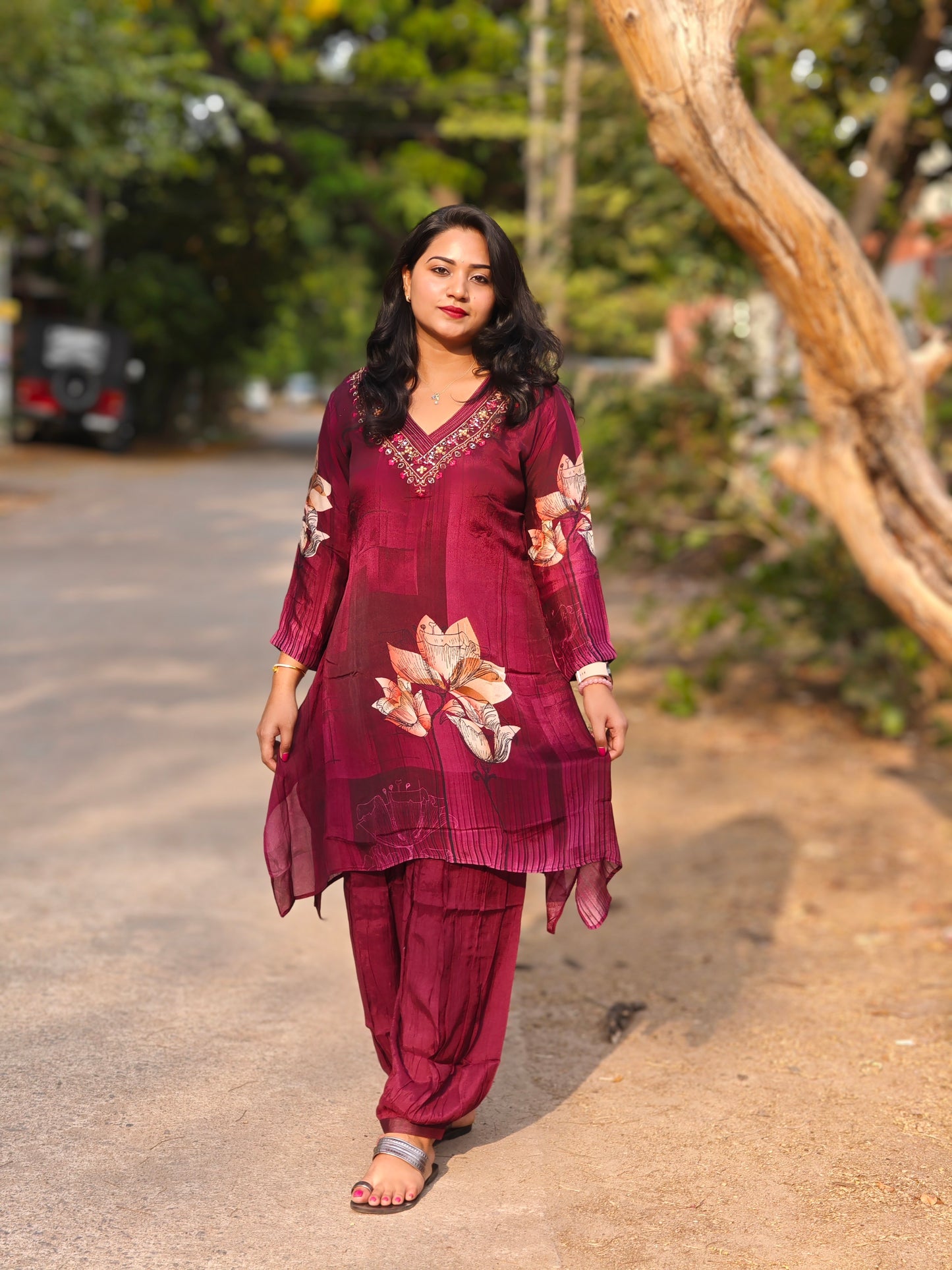 Viscose co-ord set for women with floral print and embroidery – fully stitched festive ethnic outfit