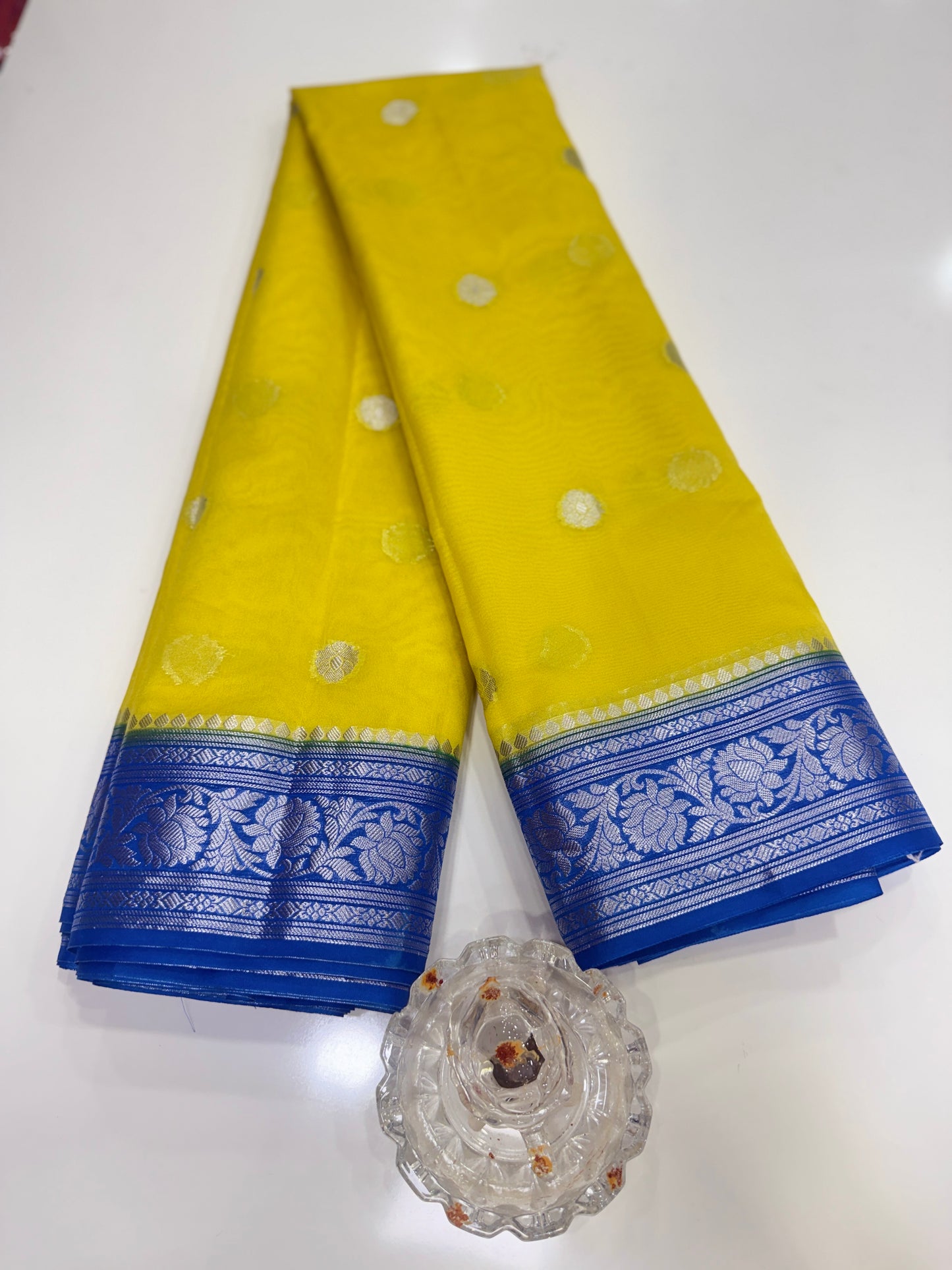 Banarasi semi georgette silk saree with silver zari buti design, contrast pallu and woven border for women