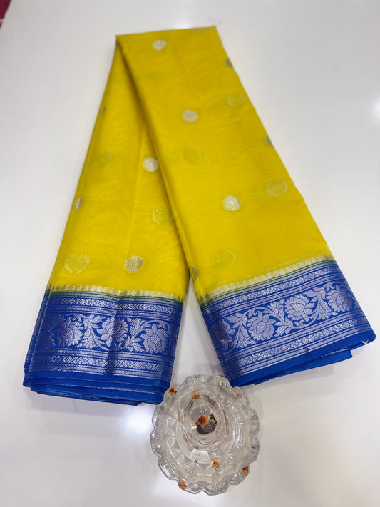 Banarasi semi georgette silk saree with silver zari buti design, contrast pallu and woven border for women