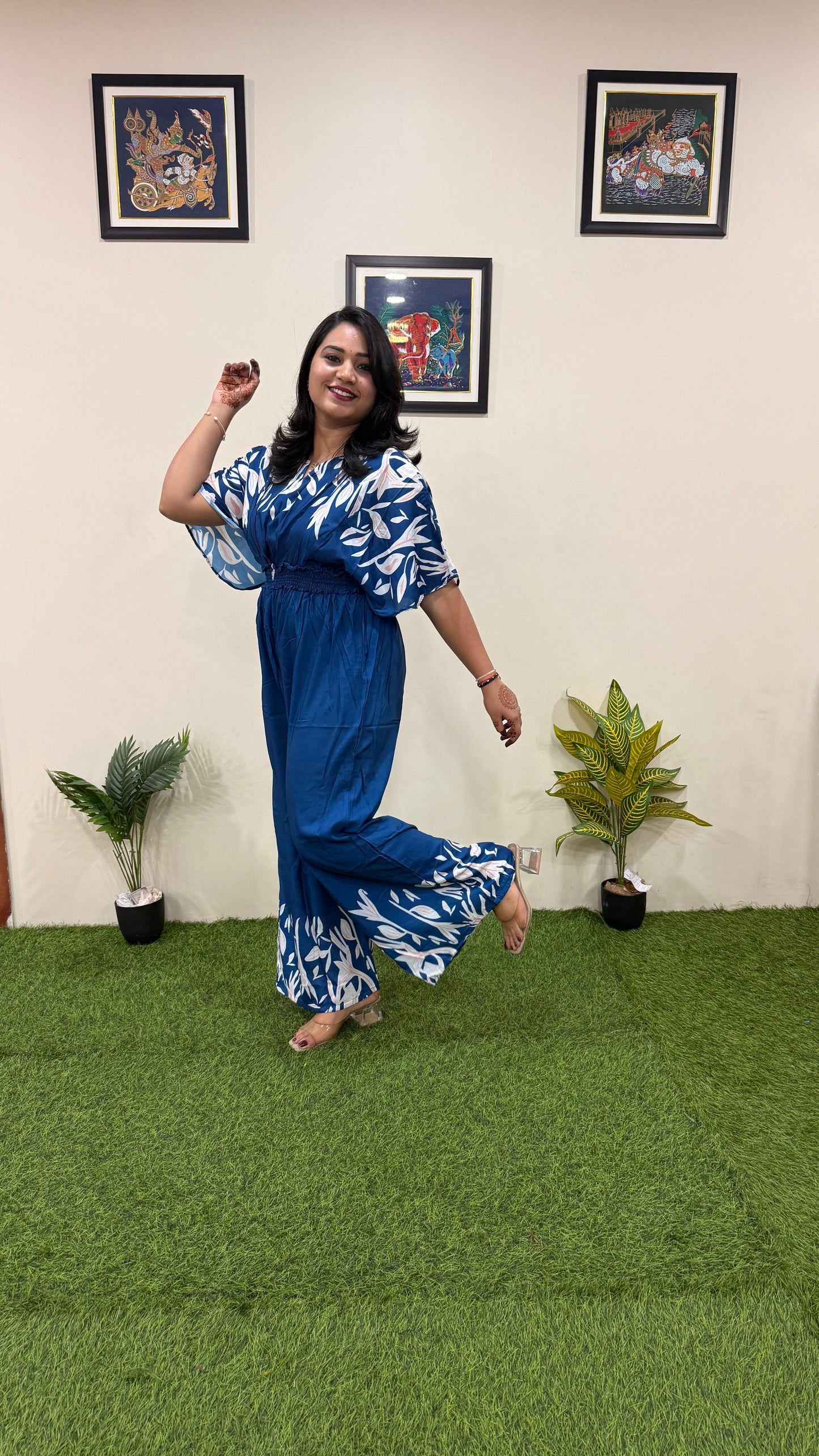 Women's Teal Blue Printed Muslin Jumpsuit with Kimono Sleeves – Length 57”