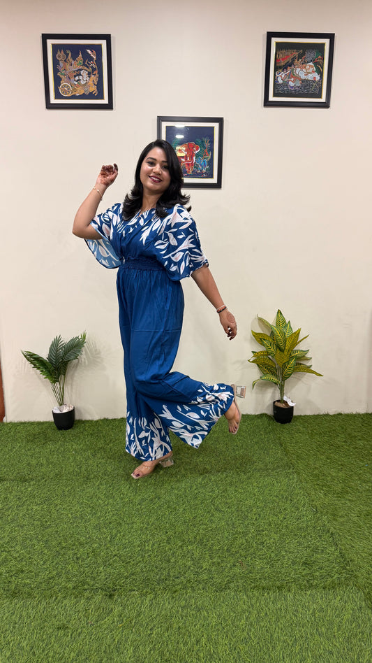 Women's Teal Blue Printed Muslin Jumpsuit with Kimono Sleeves – Length 57”