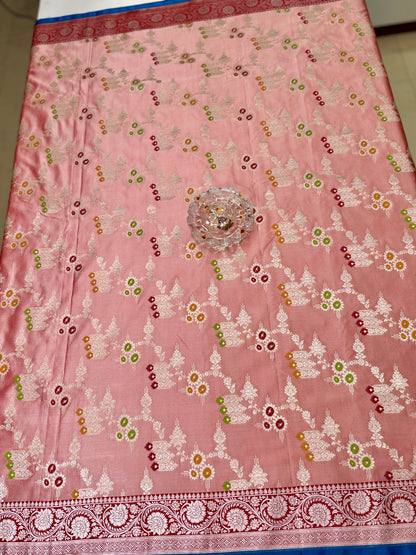 Mashru Katan Silk Saree with Multicolor Zari Weaving and Contrast Border – Festive Wear for Women