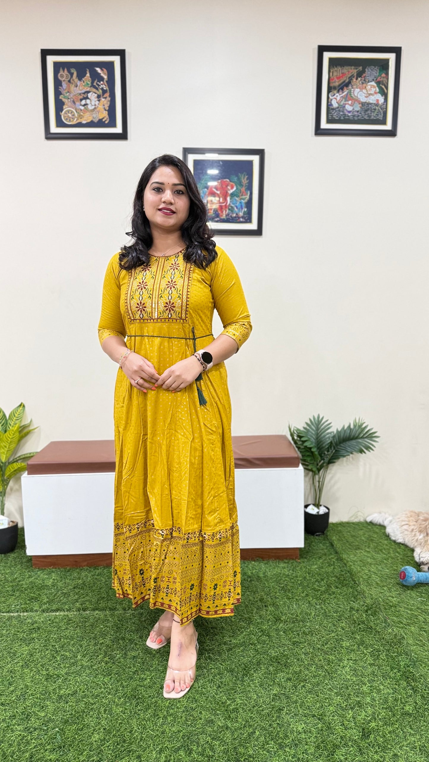 Rayon Foil Print Anarkali Gown with Embroidered Neck and Belt – Liva Tag – Sizes M to 3XL