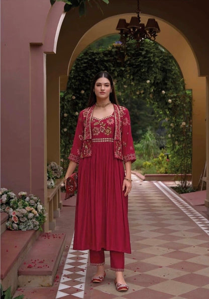 Pure Viscose Silk Gown Pant Set with Embroidered Organza Koti – Women’s Festive Ethnic Wear