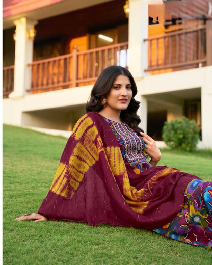 Roman Silk Modal Straight Suit Set with Foil Print, Embroidery and Chanderi Dupatta for Women