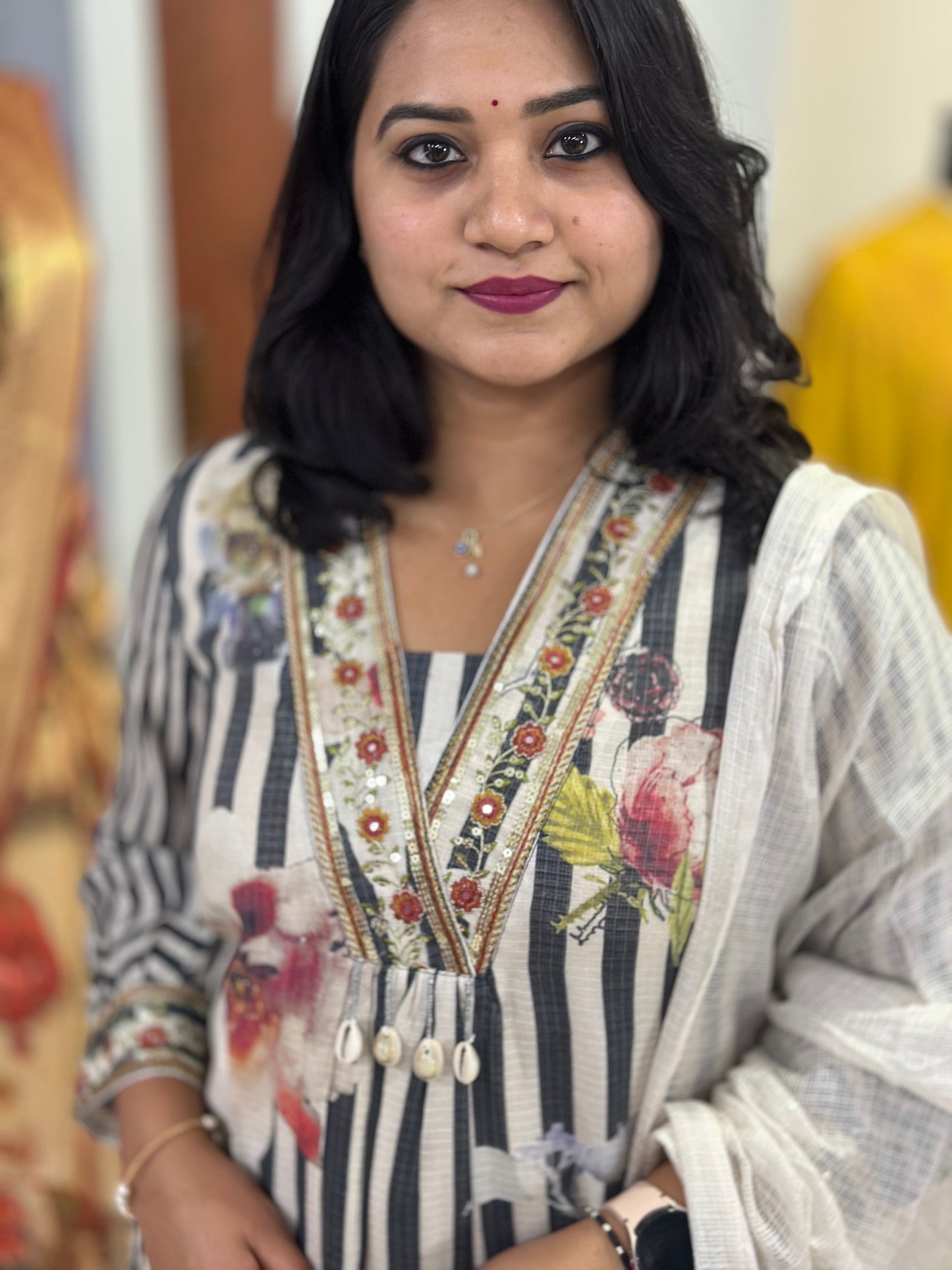 Kota Doria Embroidered A-Line Kurti Pant Dupatta Set with Tassels – Women’s Festive Ethnic Wear