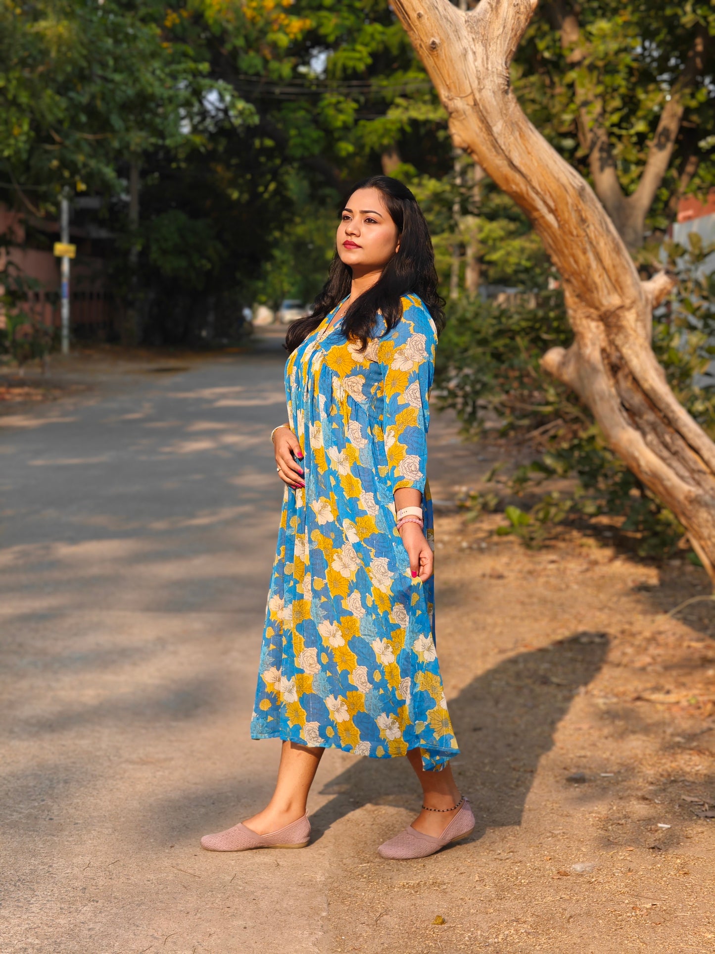 Women’s Blue Chiffon Lurex Floral Printed Flared Dress – Casual & Summer Wear