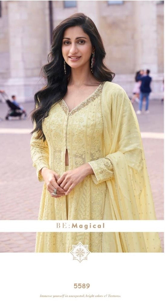 Real Georgette 3-Piece Set with Embroidered Top, Palazzo, and Dupatta – Free Size Stitched Ethnic Wear