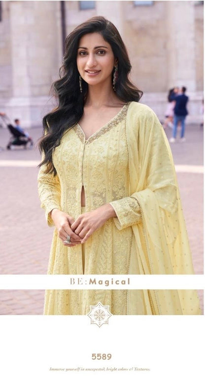 Real Georgette 3-Piece Set with Embroidered Top, Palazzo, and Dupatta – Free Size Stitched Ethnic Wear