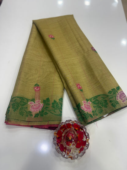 Tissue chanderi saree with floral border and tassel pallu, pastel printed saree for women