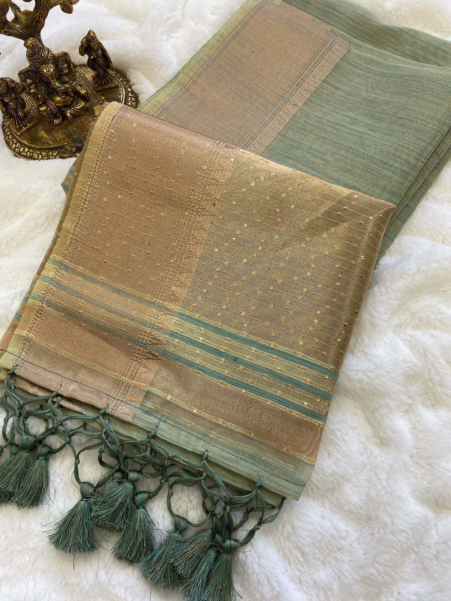 Soft Banarasi Tissue Silk Saree with Sequin Pallu, Gold Border and Running Blouse