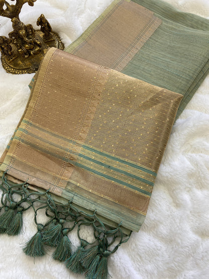 Soft Banarasi Tissue Silk Saree with Sequin Pallu, Gold Border and Running Blouse