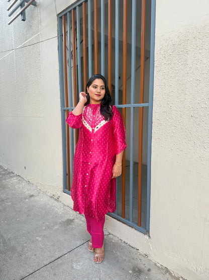 Gajji Silk Bandhani Printed Kurta Pant Set for Women with Mirror Work – Festive Wear, Sizes M to XXL