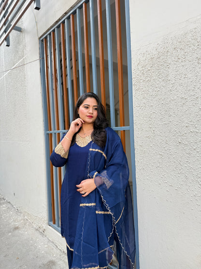 Royal Blue Real Silk Embroidered Kurta Sharara Dupatta Set for Women – Festive and Party Wear Designer Outfit (XL)