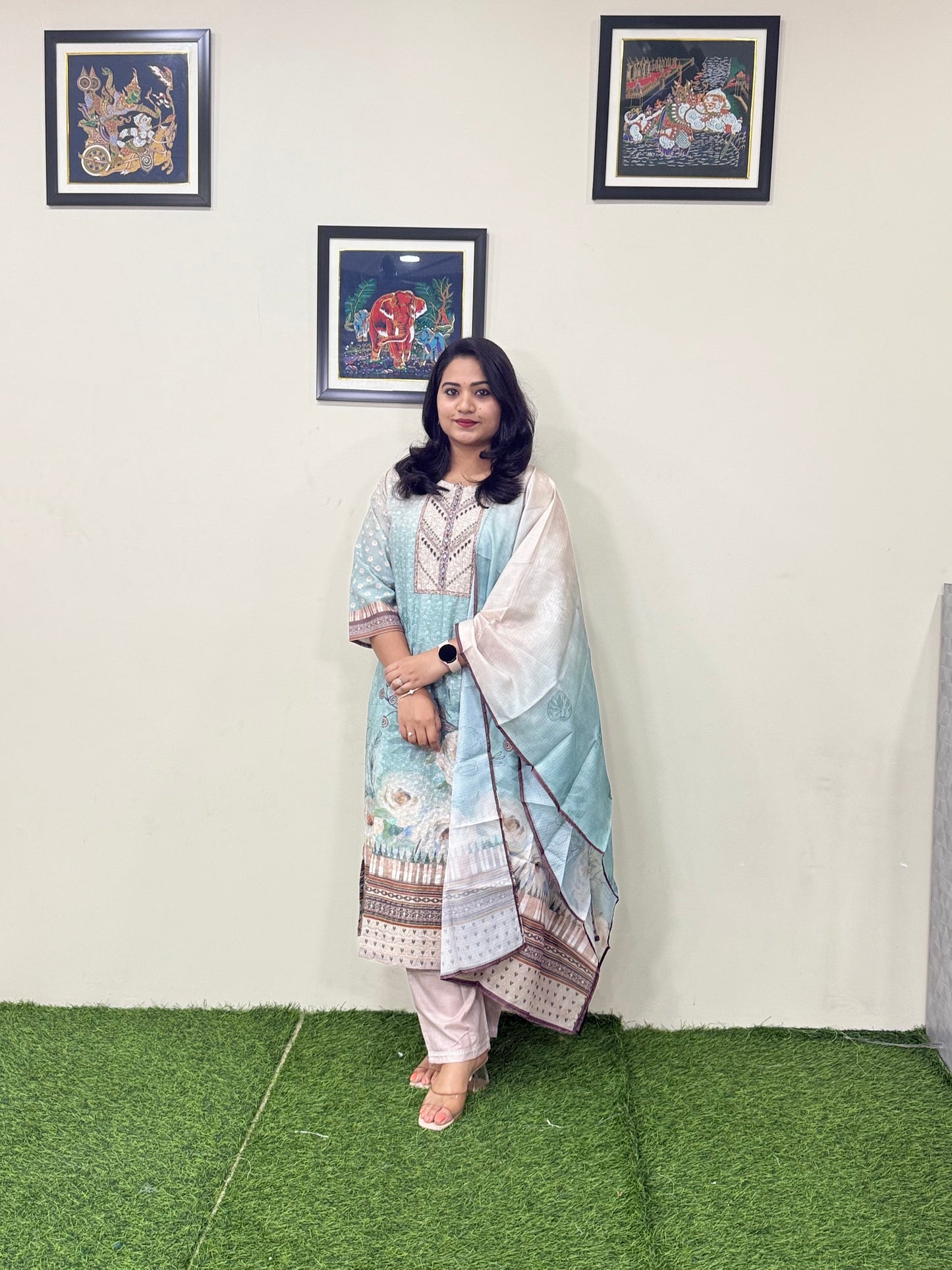 Cotton Schiffli Digital Print Suit Set with Muslin Dupatta and Khatli Handwork – L to 3XL