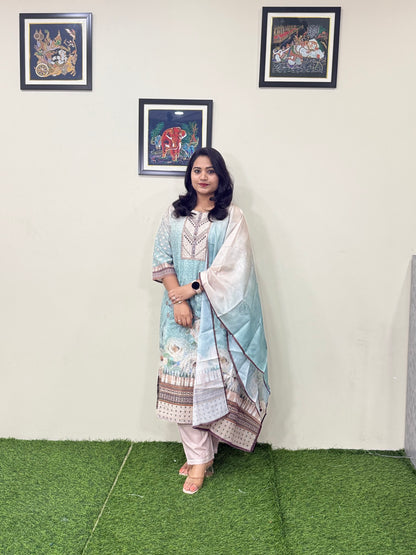 Cotton Schiffli Digital Print Suit Set with Muslin Dupatta and Khatli Handwork – L to 3XL