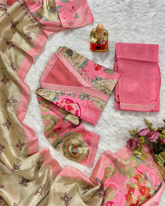 Plus Size Handwork Kurti Pant Dupatta Set for Women in Jarna Silk – Printed Dupatta – 4XL to 7XL