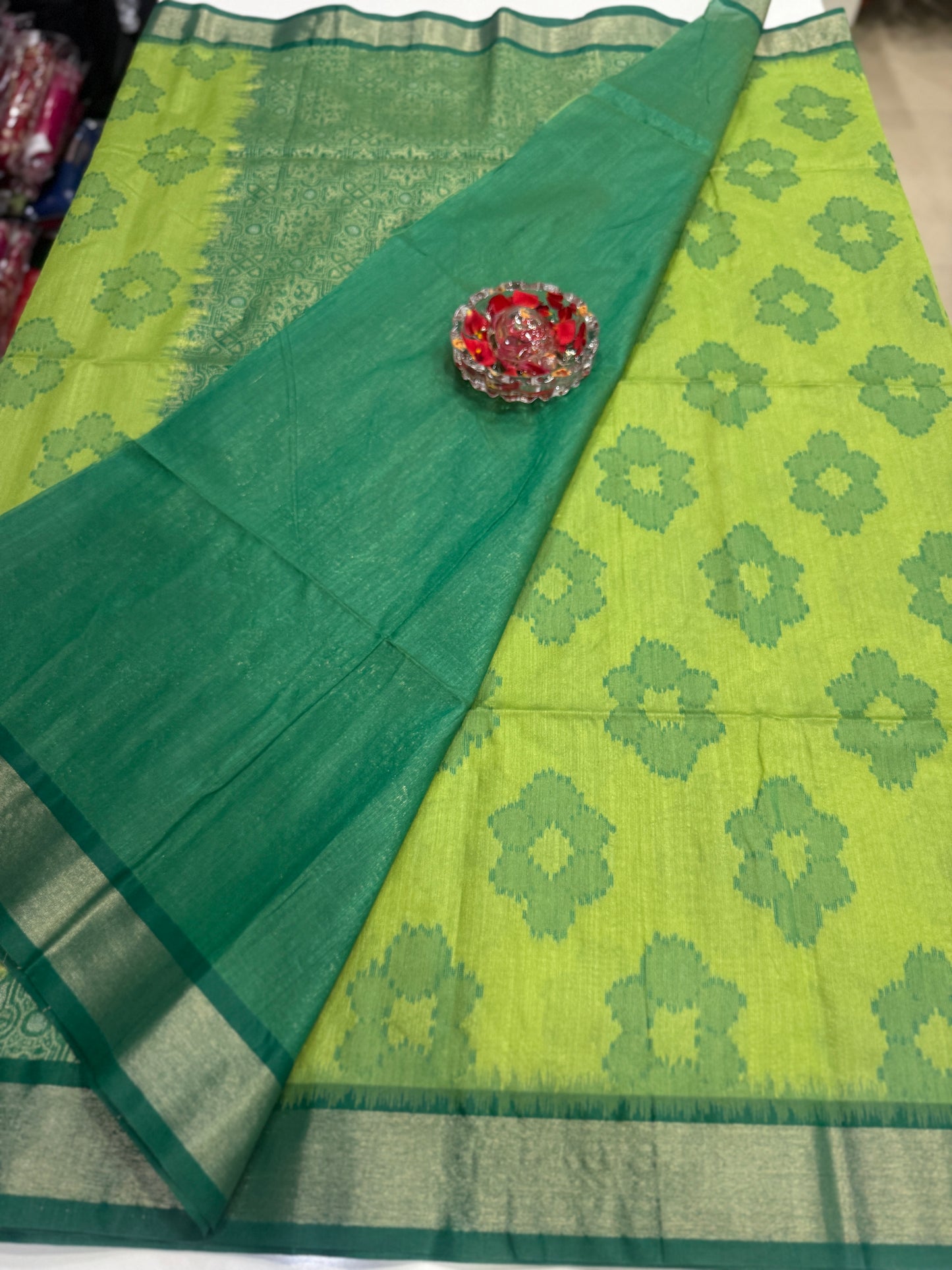 Women’s woven saree with butta motifs, contrast pallu border and tassel pallu, traditional wear, multiple colors