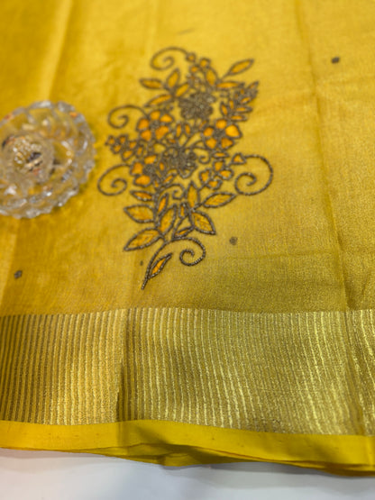 Pure Tissue 150 Count Linen Handloom Saree with Handwork and Running Blouse for Women
