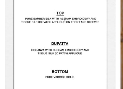 Unstitched Bamber Silk Suit with Resham Embroidery, 3D Patch Appliqué and Organza Dupatta