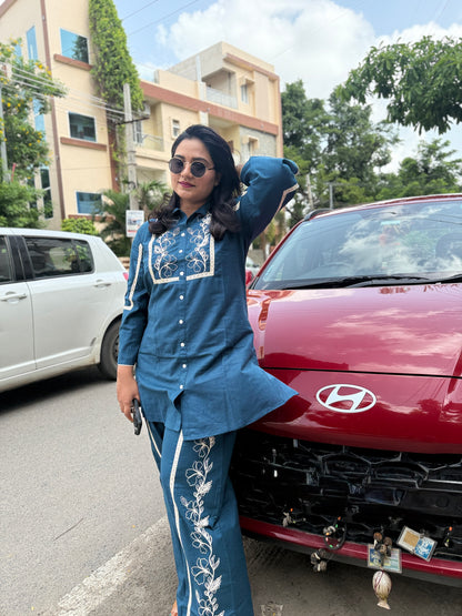 Navy Blue Cotton Flex Co-ord Set for Women with Thread Embroidery and Lace Detailing