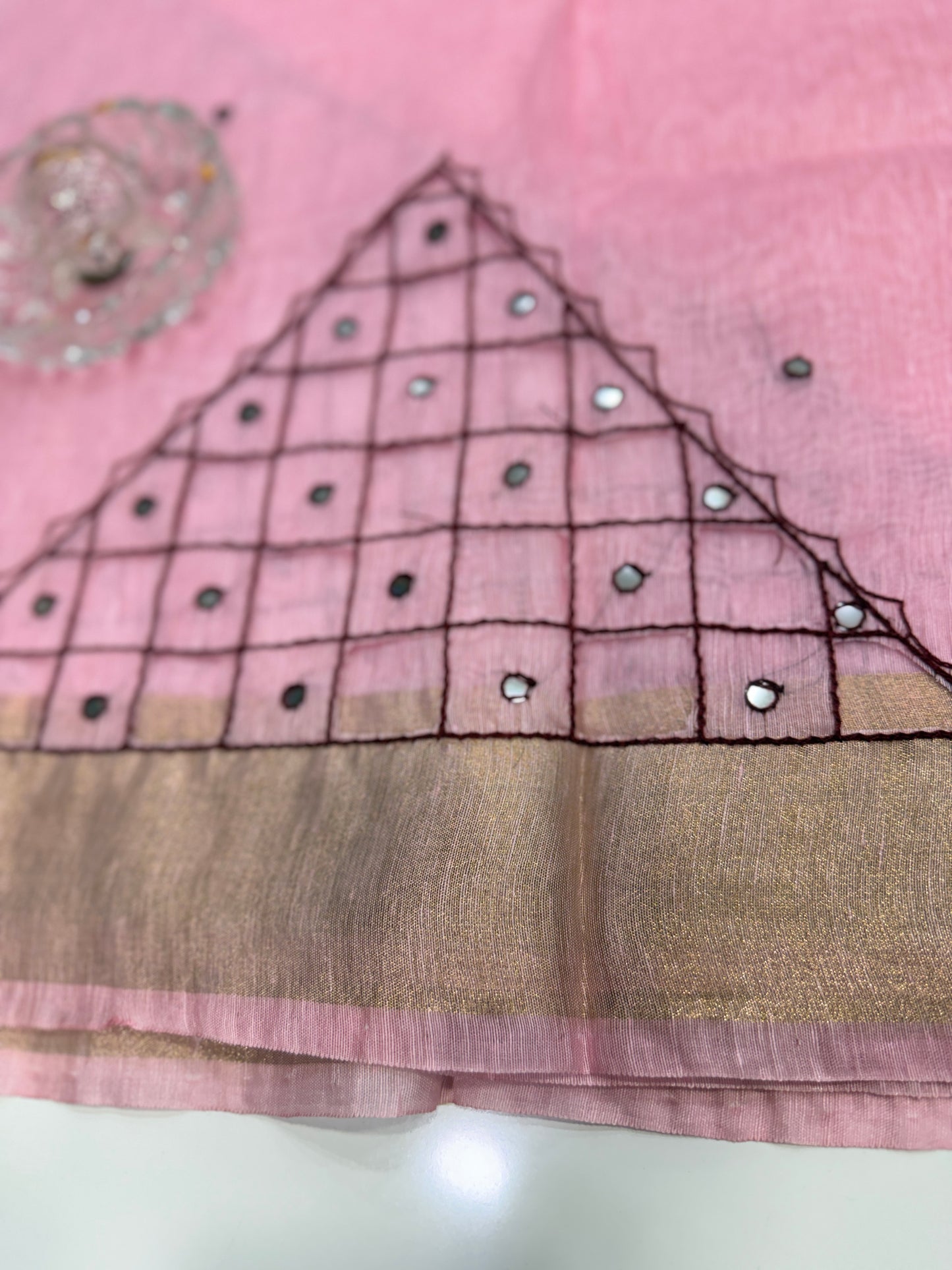 Pure Tissue 150 Count Linen Handloom Saree with Handwork and Running Blouse for Women