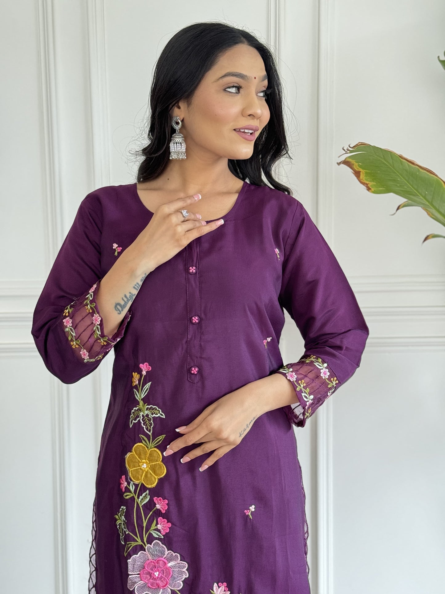 Chanderi Silk Embroidered Kurti Pant Set with Organza Printed Dupatta for Women