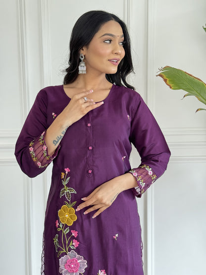 Chanderi Silk Embroidered Kurti Pant Set with Organza Printed Dupatta for Women