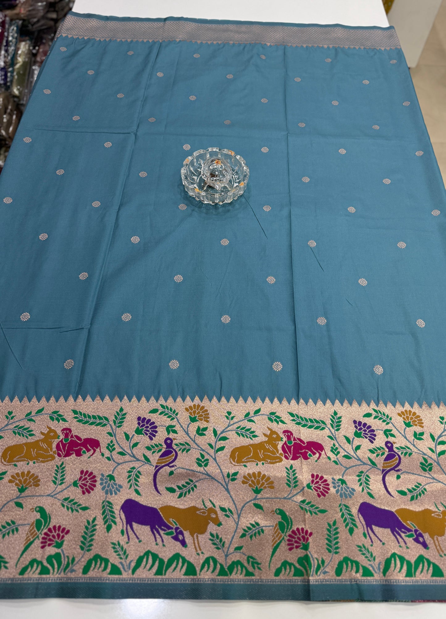 Paithani printed soft silk saree with zari-style border and contrast blouse for women