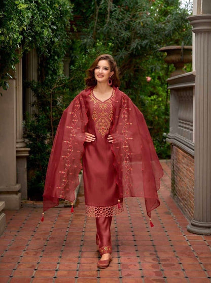 Milan Silk Handworked Kurta Pant Dupatta Set with Embroidered Organza Dupatta – Sizes M to XXL