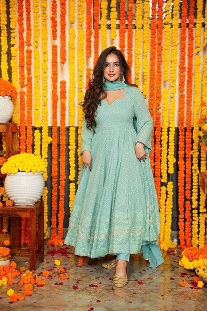 Pastel Blue Fox Georgette Chikankari Anarkali Suit Set with Dupatta and Bottom – Women’s Size 44