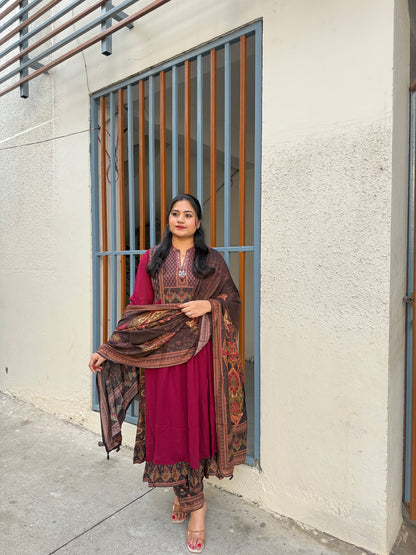 Women’s viscose georgette kurta set with dola silk yoke, pant and printed dupatta, festive wear, size 38–44