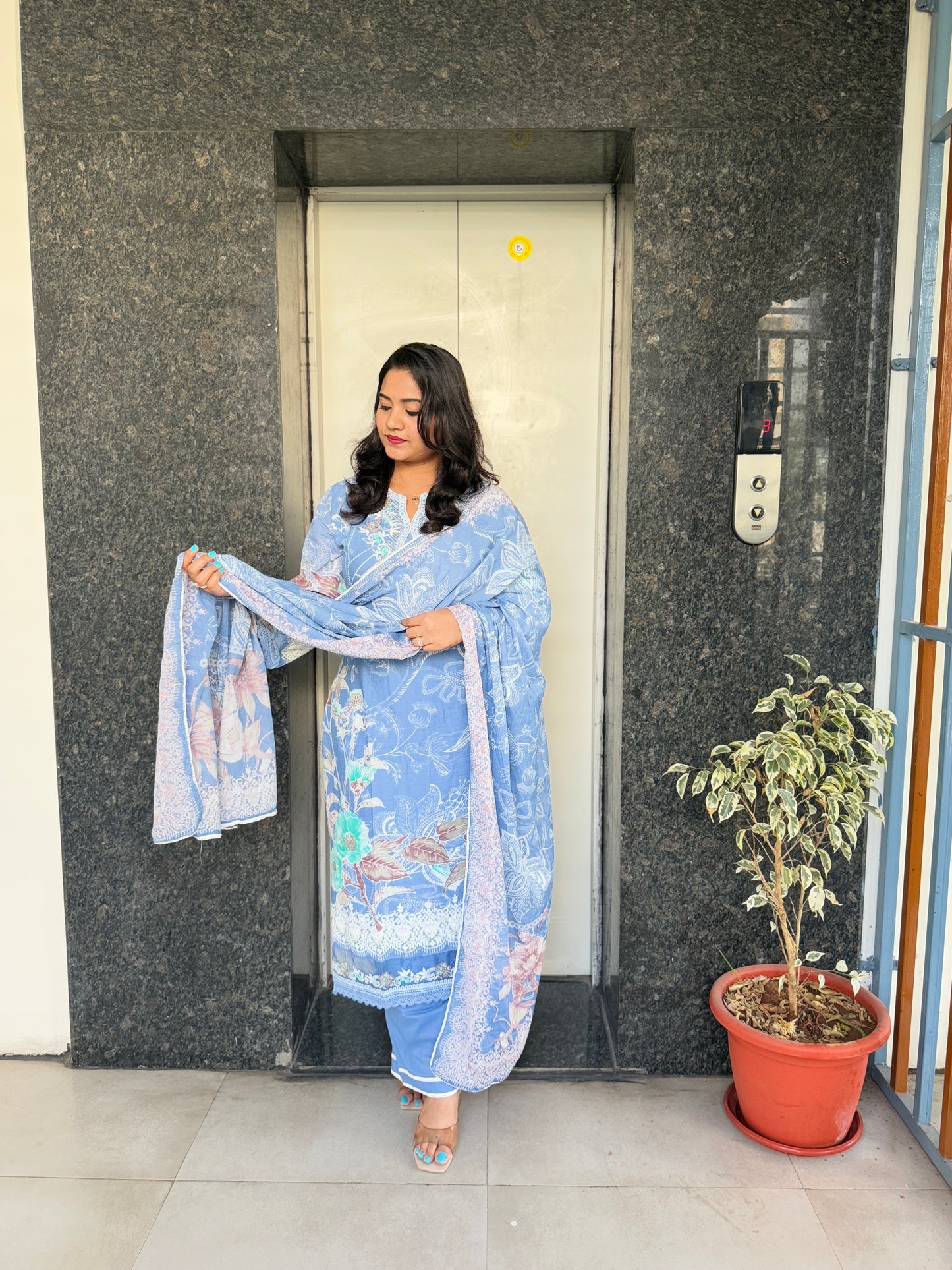 Women’s Pure Cotton Floral Kurta Set with Printed Dupatta – Breathable 3-Piece Set in M to 3XL