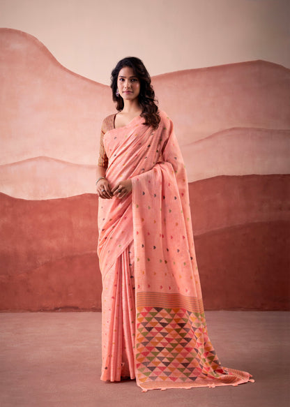 linen silk printed saree with geometric pallu and multicolor motifs – ethnic wear for women