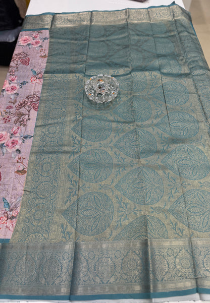 Printed handloom georgette saree for women with woven border and floral design