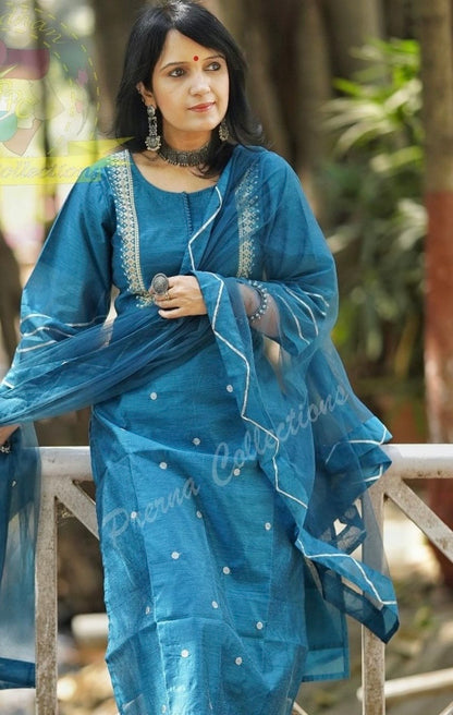 Chanderi Embroidered Kurti Pant Set with Organza Dupatta for Women – Sizes 38 to 44 – 3-Piece Set