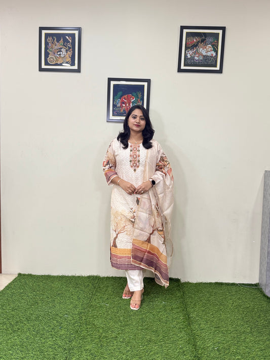 Cotton Schiffli Digital Print Suit Set with Muslin Dupatta and Khatli Handwork – L to 3XL