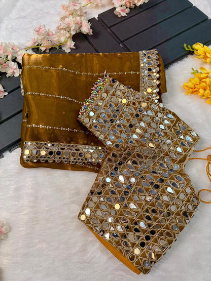 Soft Satin Organza Saree with Real Mirror Work Embroidery and Stitched Blouse – Festive Wear for Women