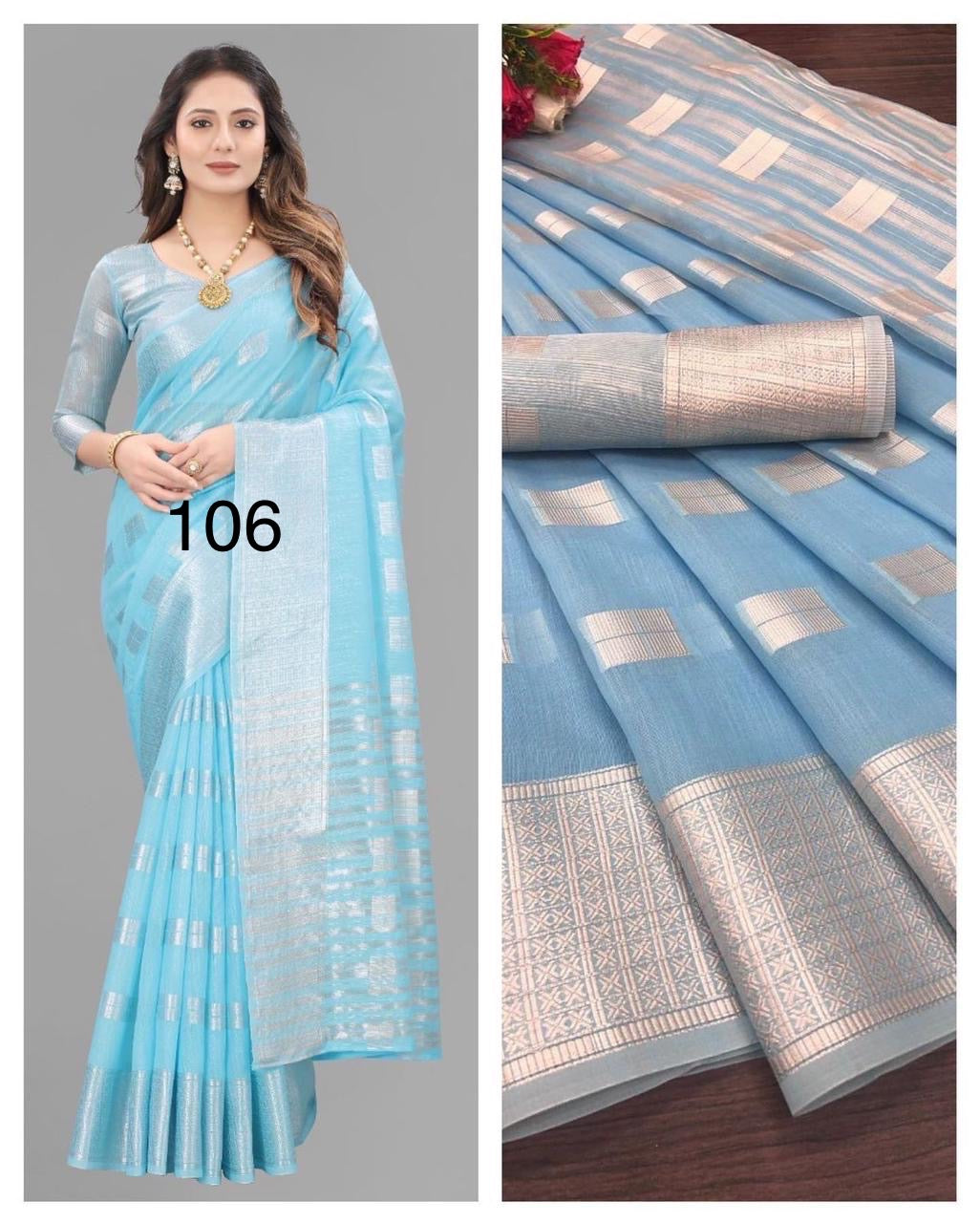 Linen Silk Saree with Silver Zari Weaving and Contrast Blouse – Festive and Wedding Wear