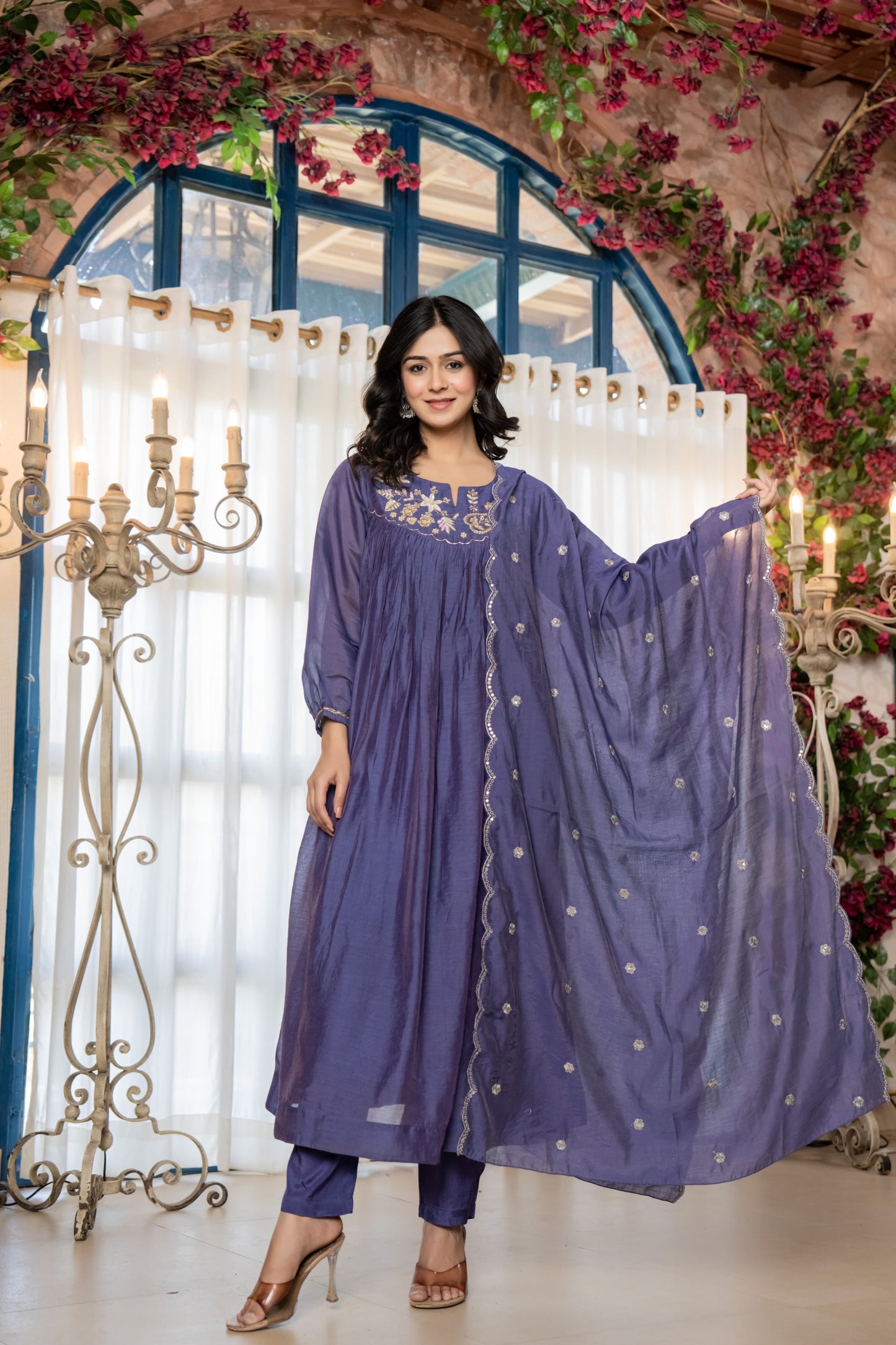 Chanderi Anarkali Kurti Pant Dupatta Set with Elegant Handwork for Women