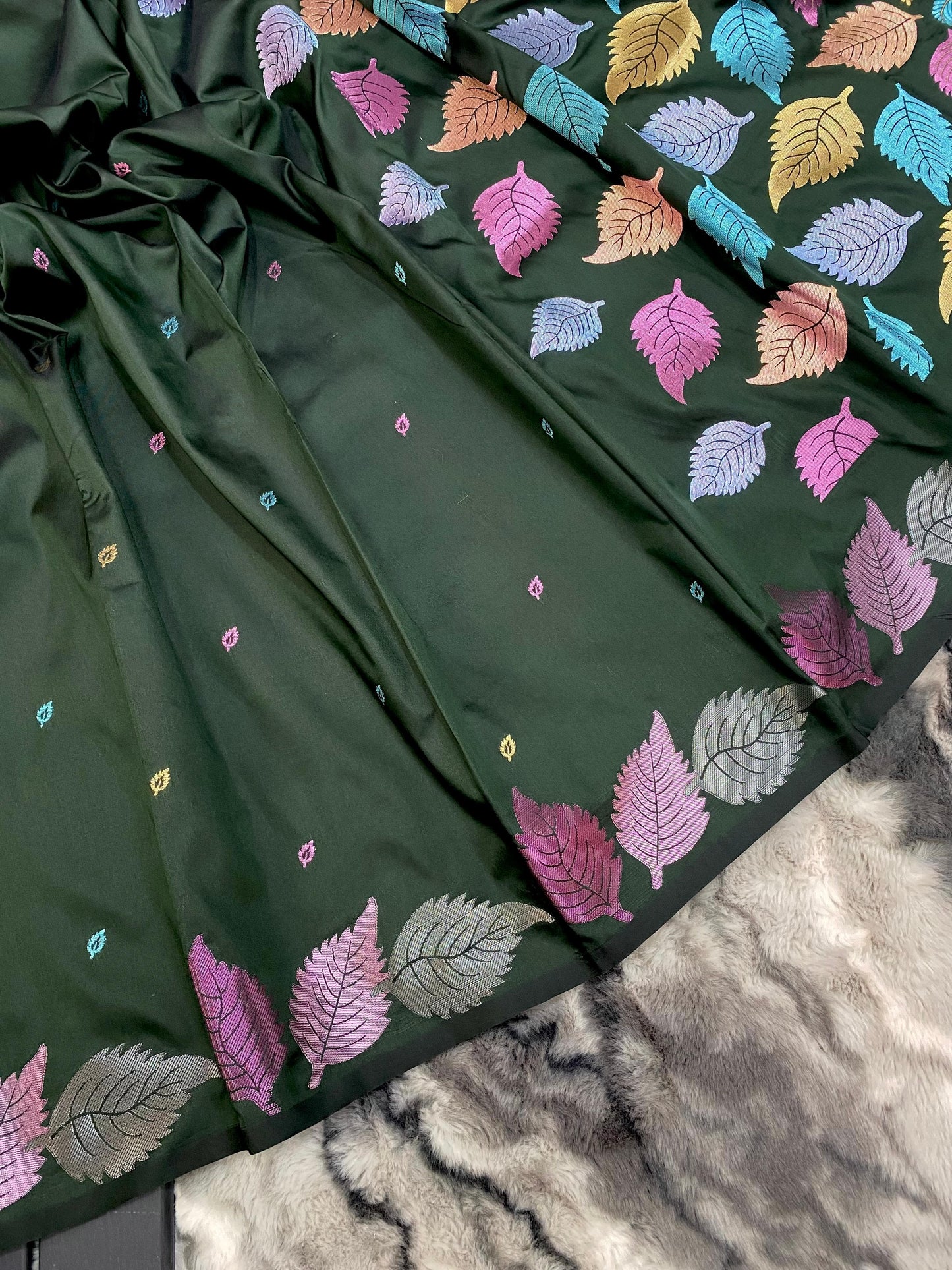 Pure Soft Silk Saree with Colorful Weaving and Leaf Panel Design