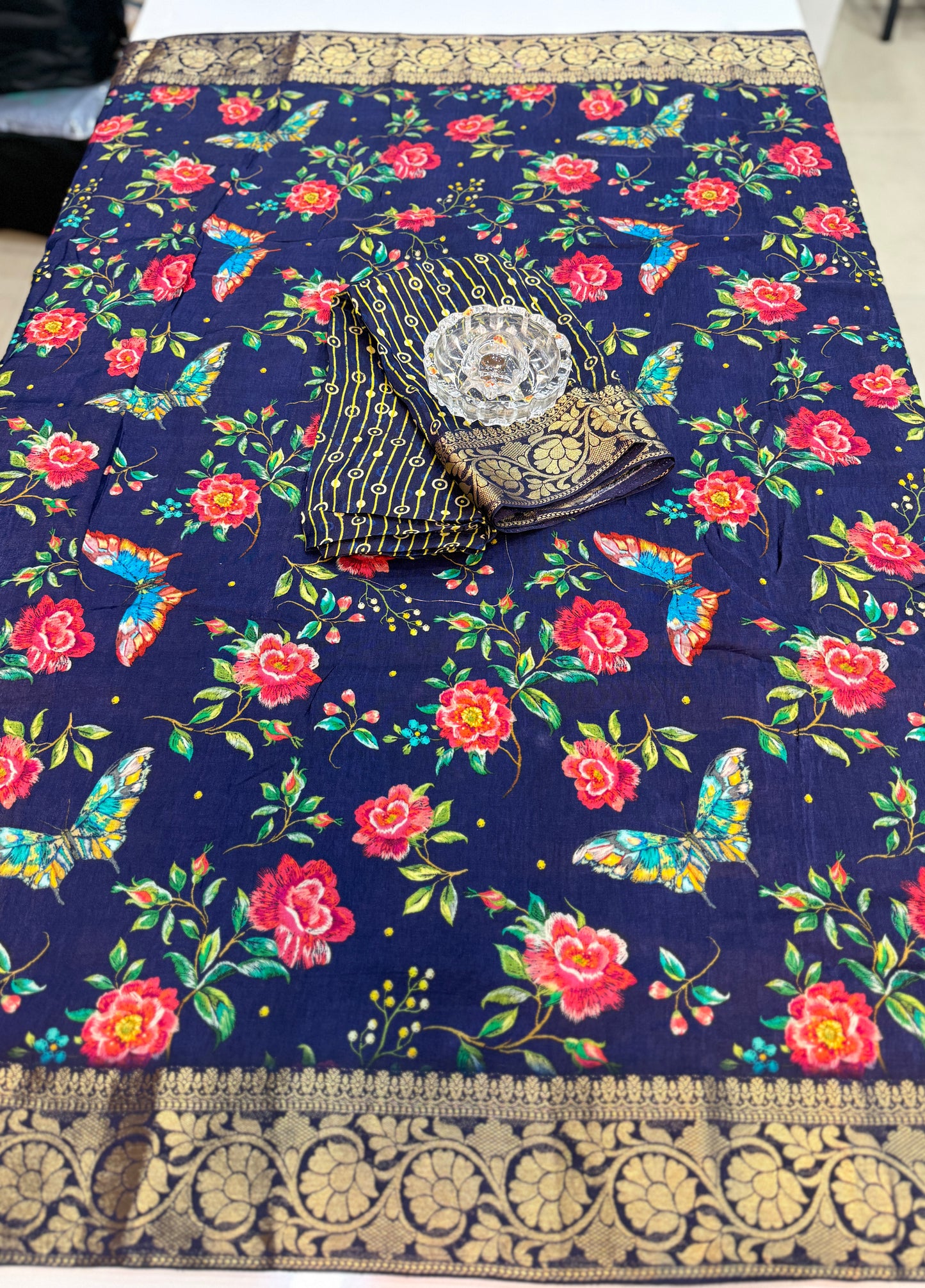 Pure Viscose Crepe silk saree with digital floral print and woven zari border for women