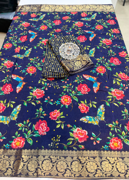 Pure Viscose Crepe silk saree with digital floral print and woven zari border for women