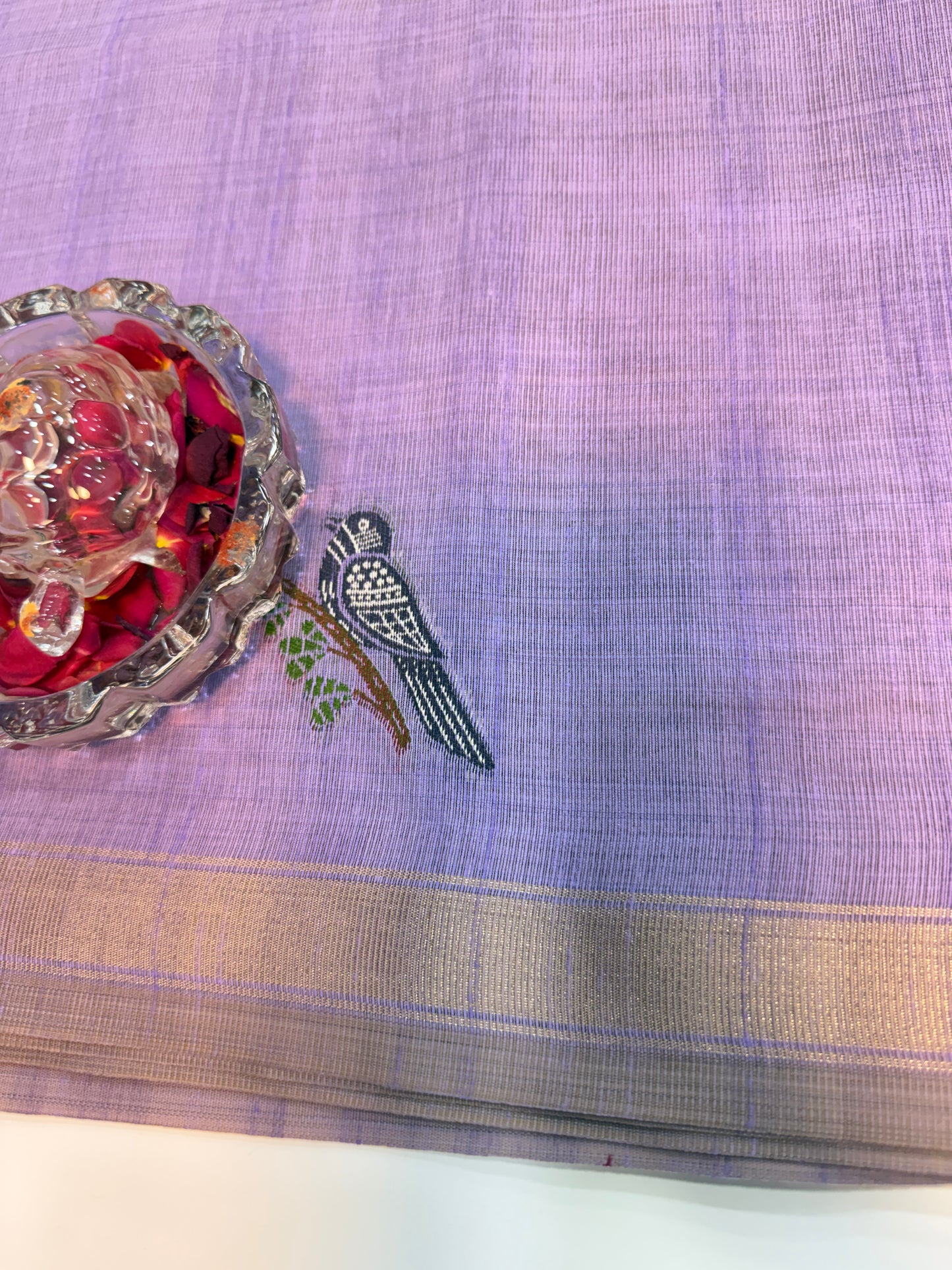 Ghicha cotton saree with bird motif pallu and tassel border, printed cotton saree for women