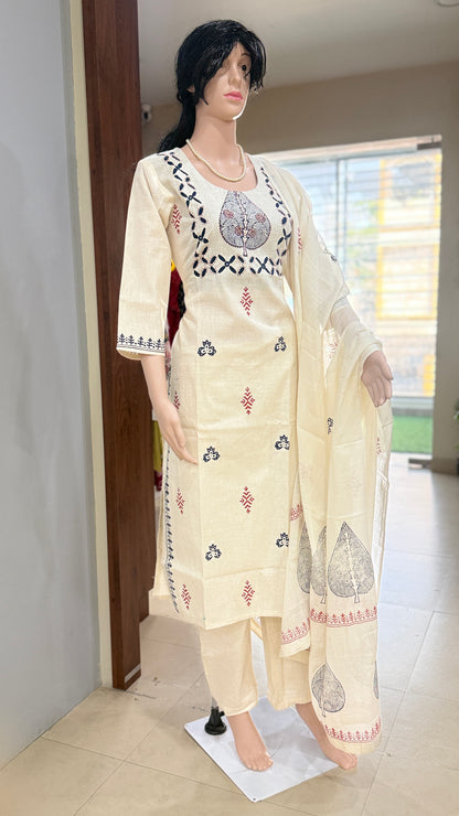 Block print flex kurta pant dupatta set for women, 3/4 sleeves, sizes 38 to 46, ethnic 3 piece suit set