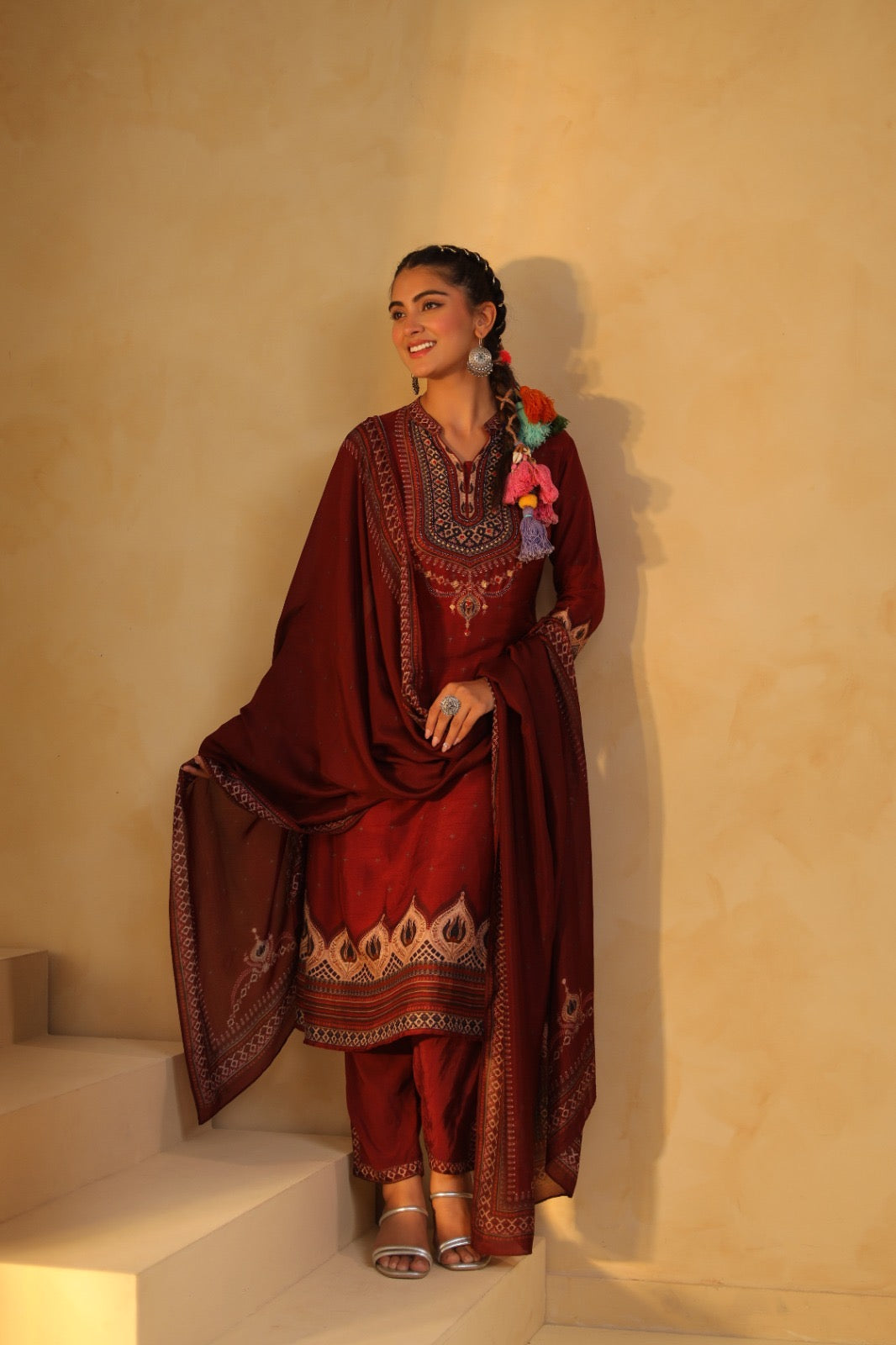 Pure silk suit set for women with cotton lining, embroidered kurta pant dupatta, festive stitched design