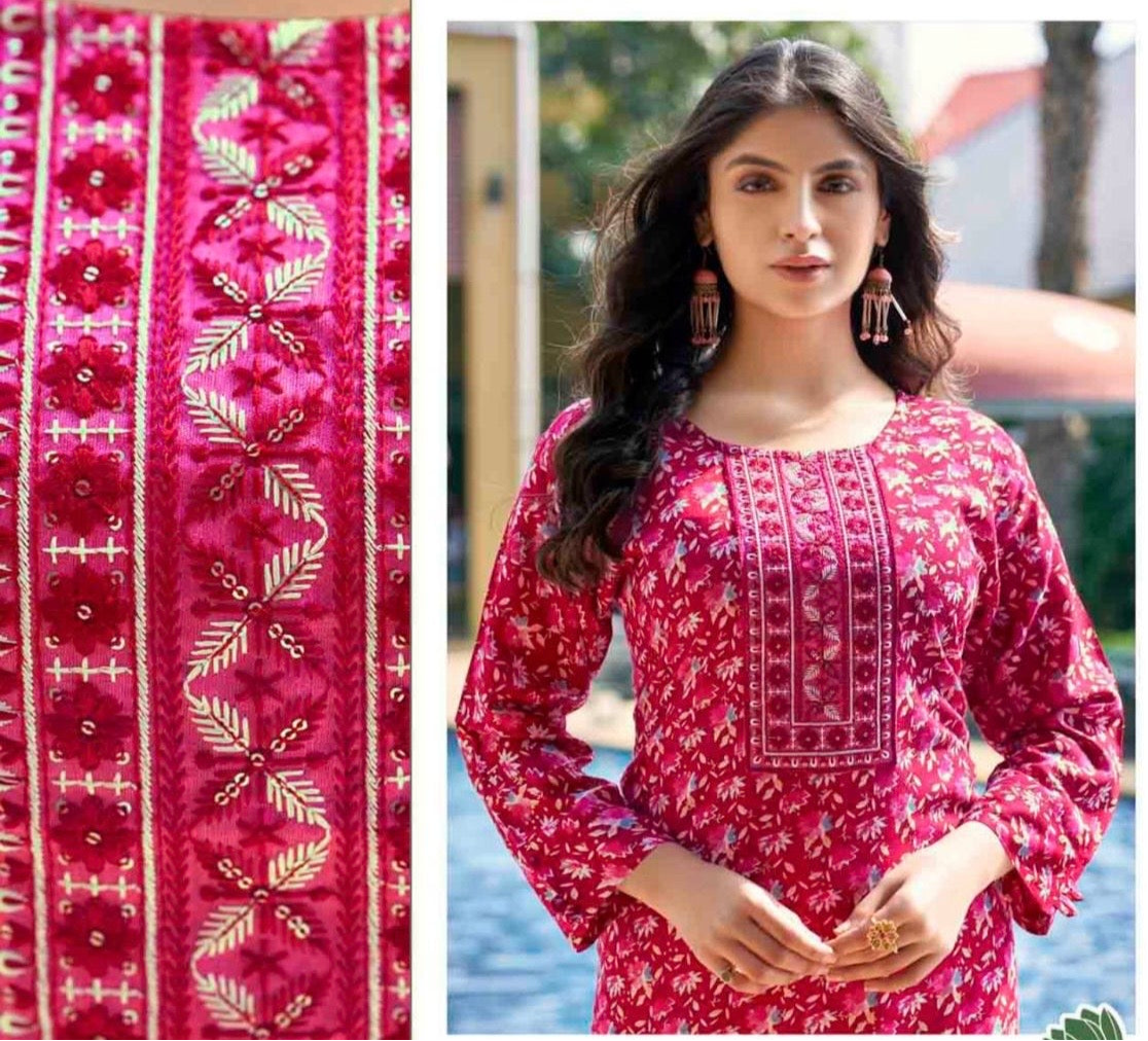 Heavy Rayon Foil Printed Kurti with Sequin Embroidery for Women – XL to 3XL