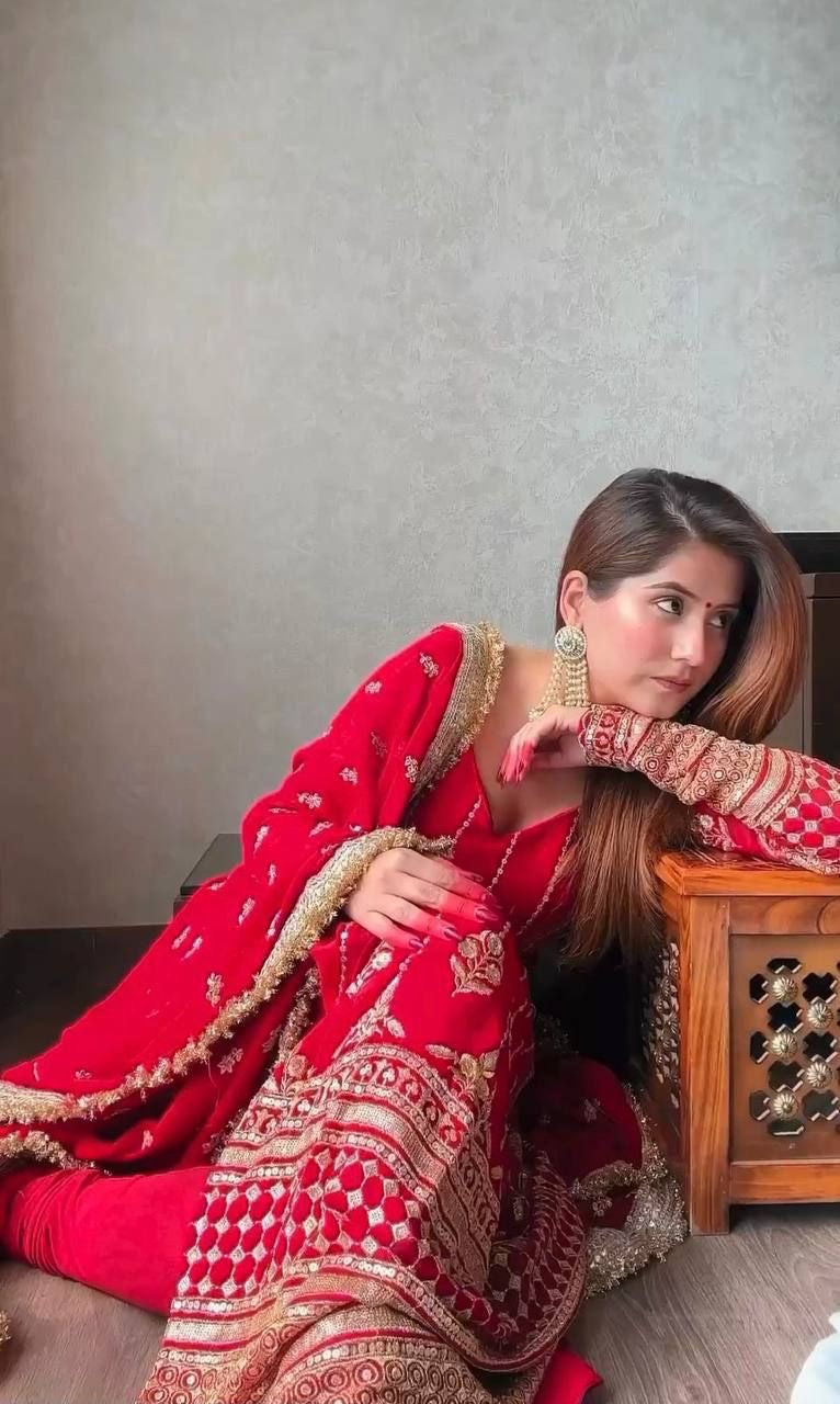 Red Georgette Slit Suit Set for Women with Dupatta and Bottom – Embellished Details – Sizes S to XXL